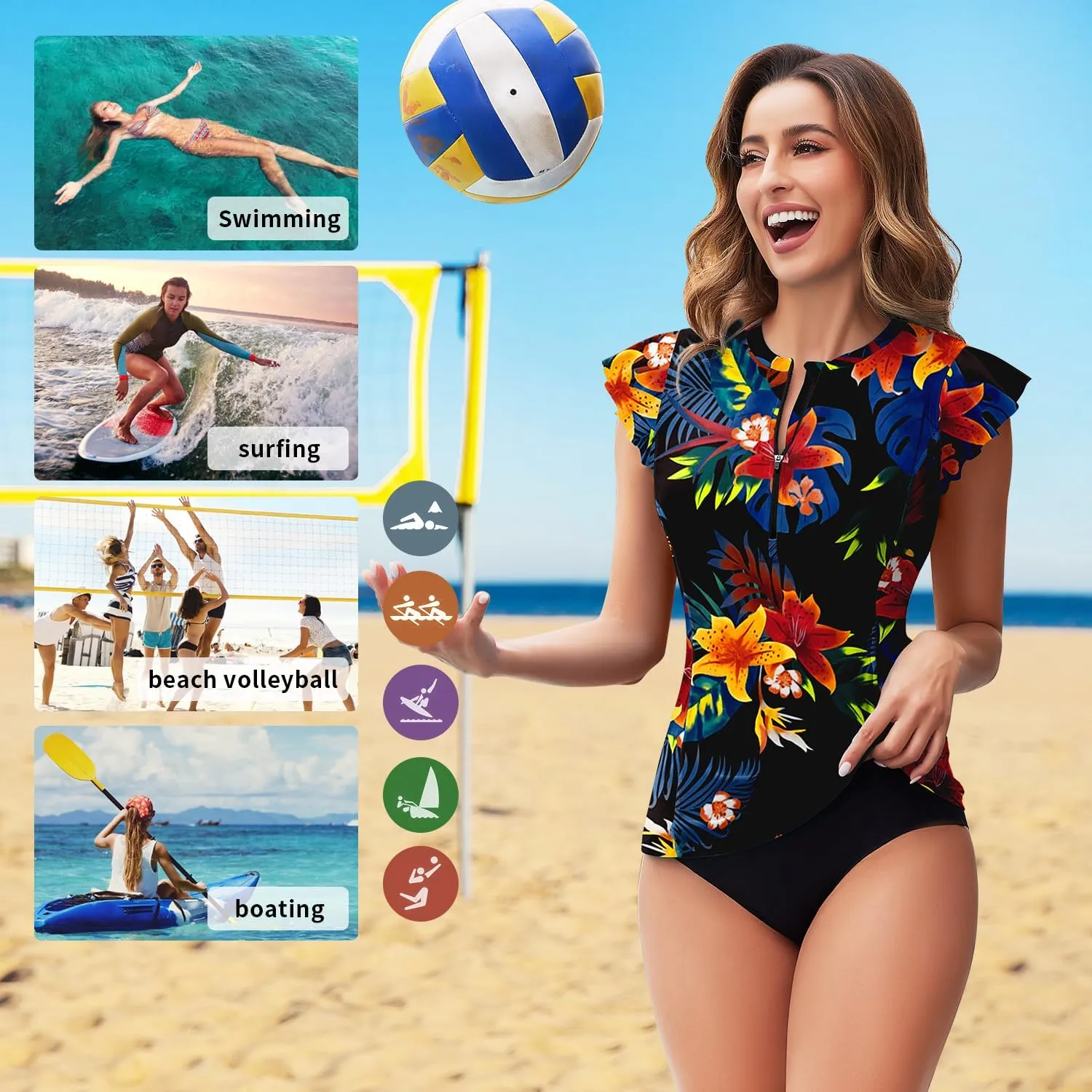Soneven Women's Swim Shirt UPF 50  Ruffle Sleeve Rash Guard UV Sun Protection Swimsuit Top Bathing Suit No Bottom