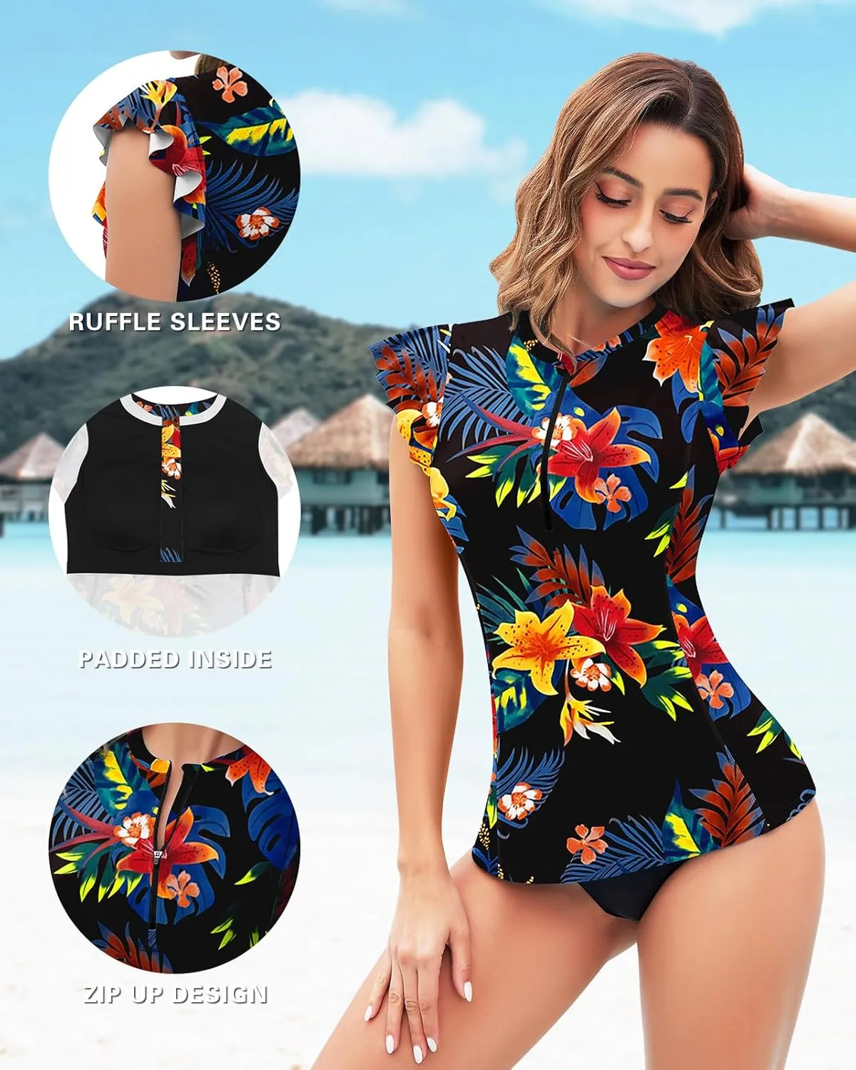 Soneven Women's Swim Shirt UPF 50  Ruffle Sleeve Rash Guard UV Sun Protection Swimsuit Top Bathing Suit No Bottom