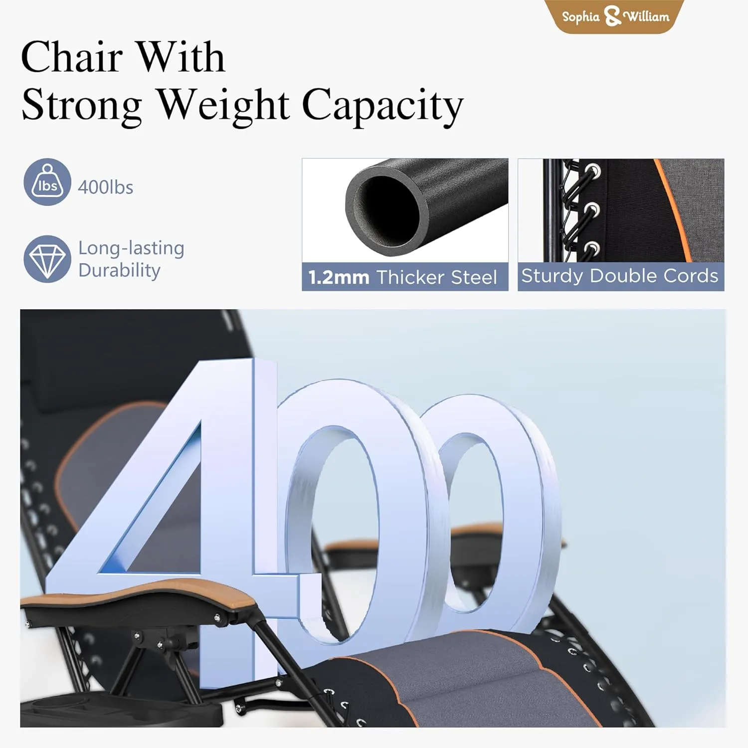 Sophia & William XL Zero Gravity Chair (2 Pack), Oversize Gravity Recliner Lounge Chair with Free Cup Holder, Supports 400 LBS (Black)