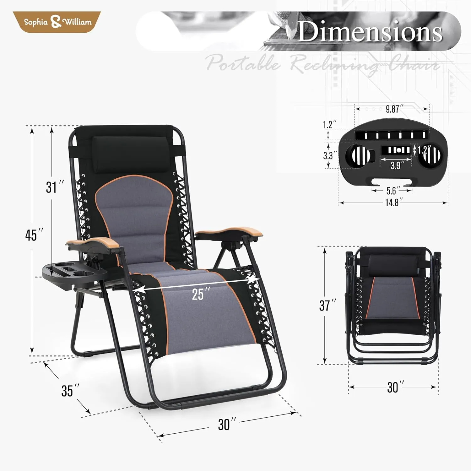 Sophia & William XL Zero Gravity Chair (2 Pack), Oversize Gravity Recliner Lounge Chair with Free Cup Holder, Supports 400 LBS (Black)
