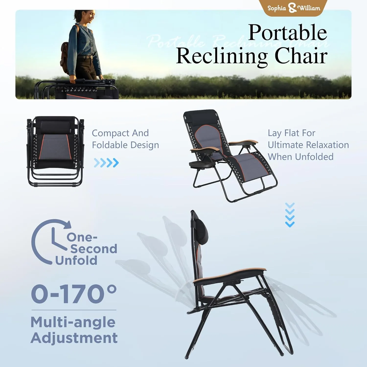 Sophia & William XL Zero Gravity Chair (2 Pack), Oversize Gravity Recliner Lounge Chair with Free Cup Holder, Supports 400 LBS (Black)