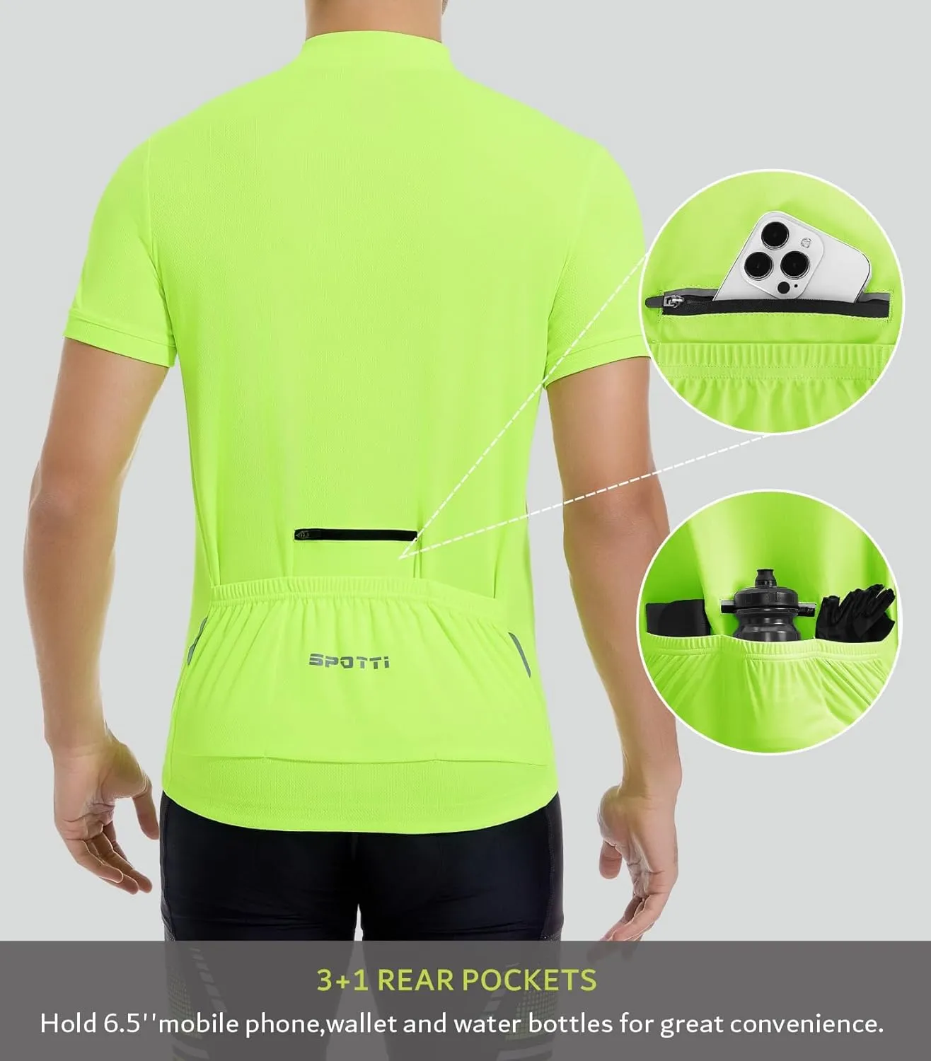 Spotti Men's Cycling Bike Jersey Short Sleeve with 3 Rear Pockets- Moisture Wicking, Breathable, Quick Dry Biking Shirt