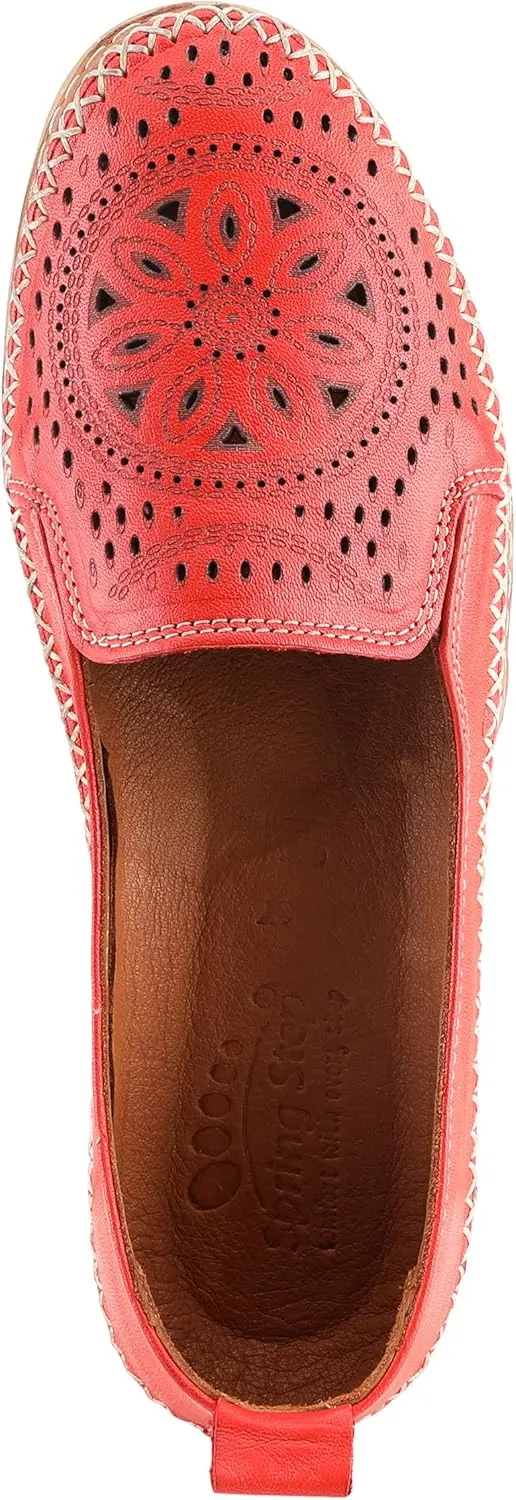 Spring Step Women's Ingrid Slip-On Premium Leather Loafers - Laser Cutout Design, Elastic Goring, Lightweight Flat Sole