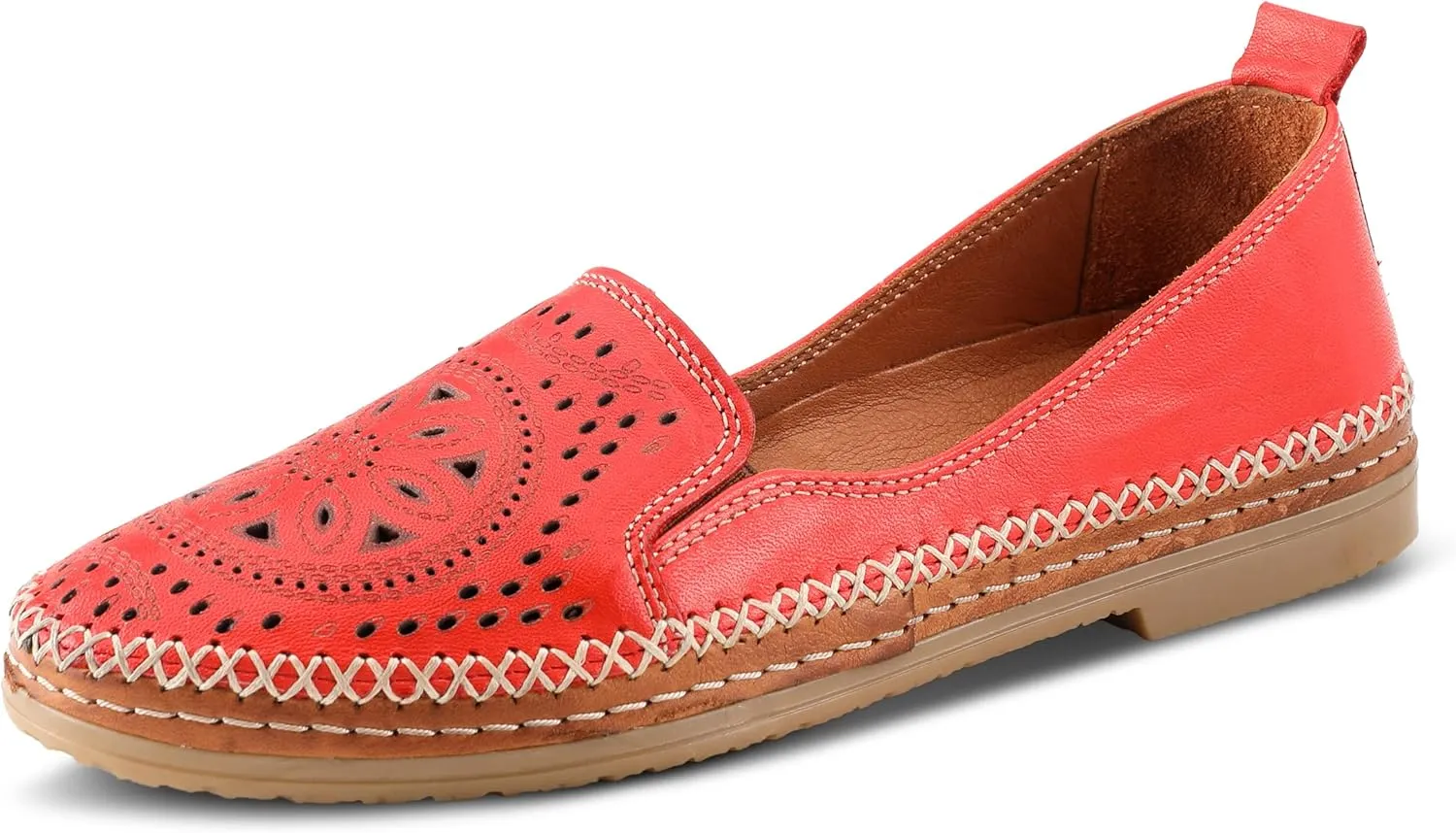 Spring Step Women's Ingrid Slip-On Premium Leather Loafers - Laser Cutout Design, Elastic Goring, Lightweight Flat Sole