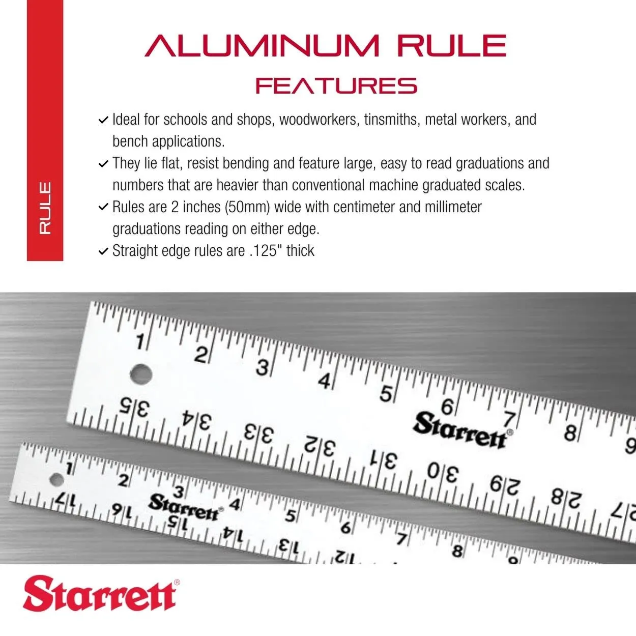 Starrett Straight Edge Aluminum Rule - Ideal for Schools, Shops, Metal Workers and Wood Workers - 48" Length, 2" Width, .125" Thickness, 1/8", 1/16" English - ASE-48