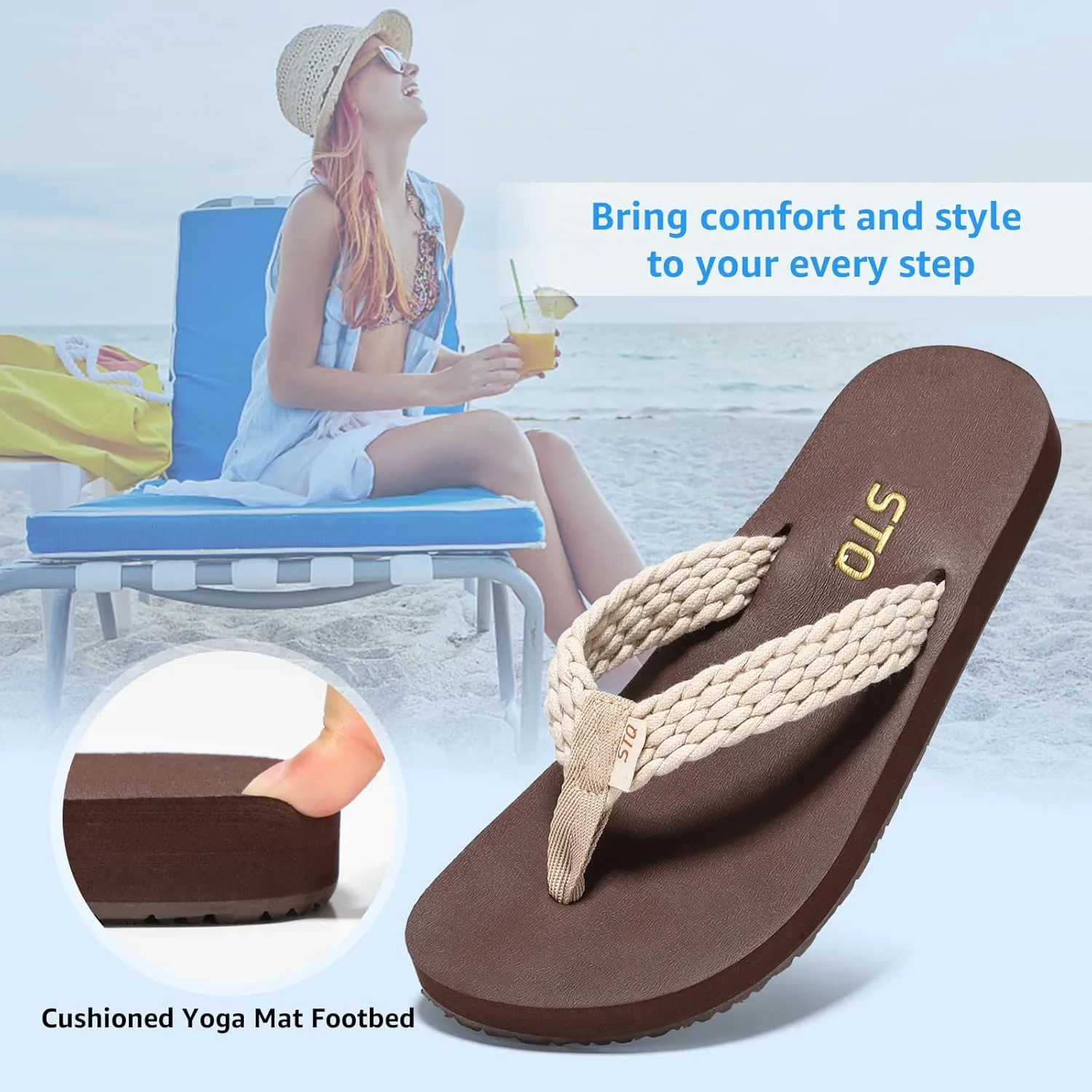 STQ Womens Quick Dry Flip Flops with Yoga Mat Sole丨Arch Support Thong Sandals