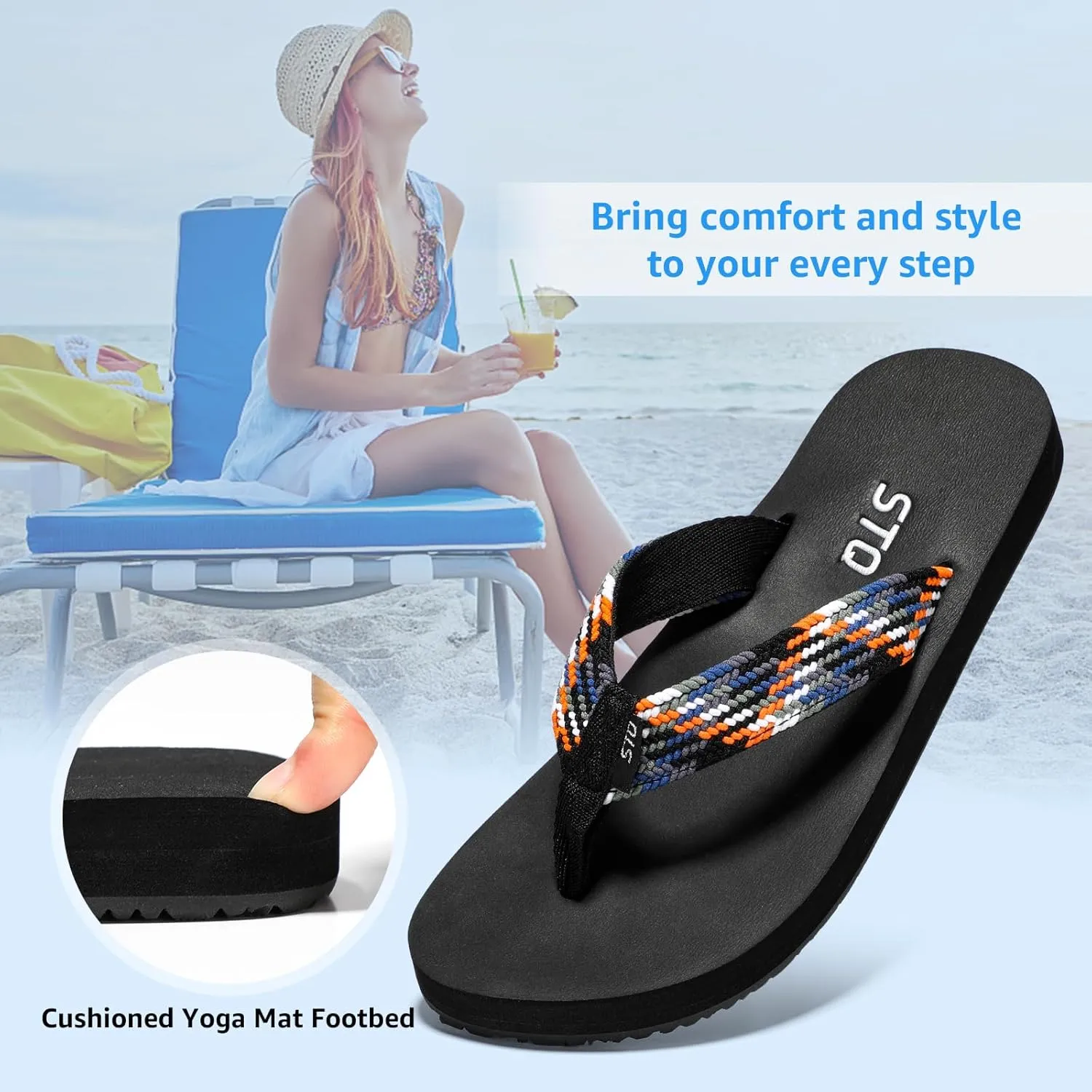 STQ Womens Quick Dry Flip Flops with Yoga Mat Sole丨Arch Support Thong Sandals