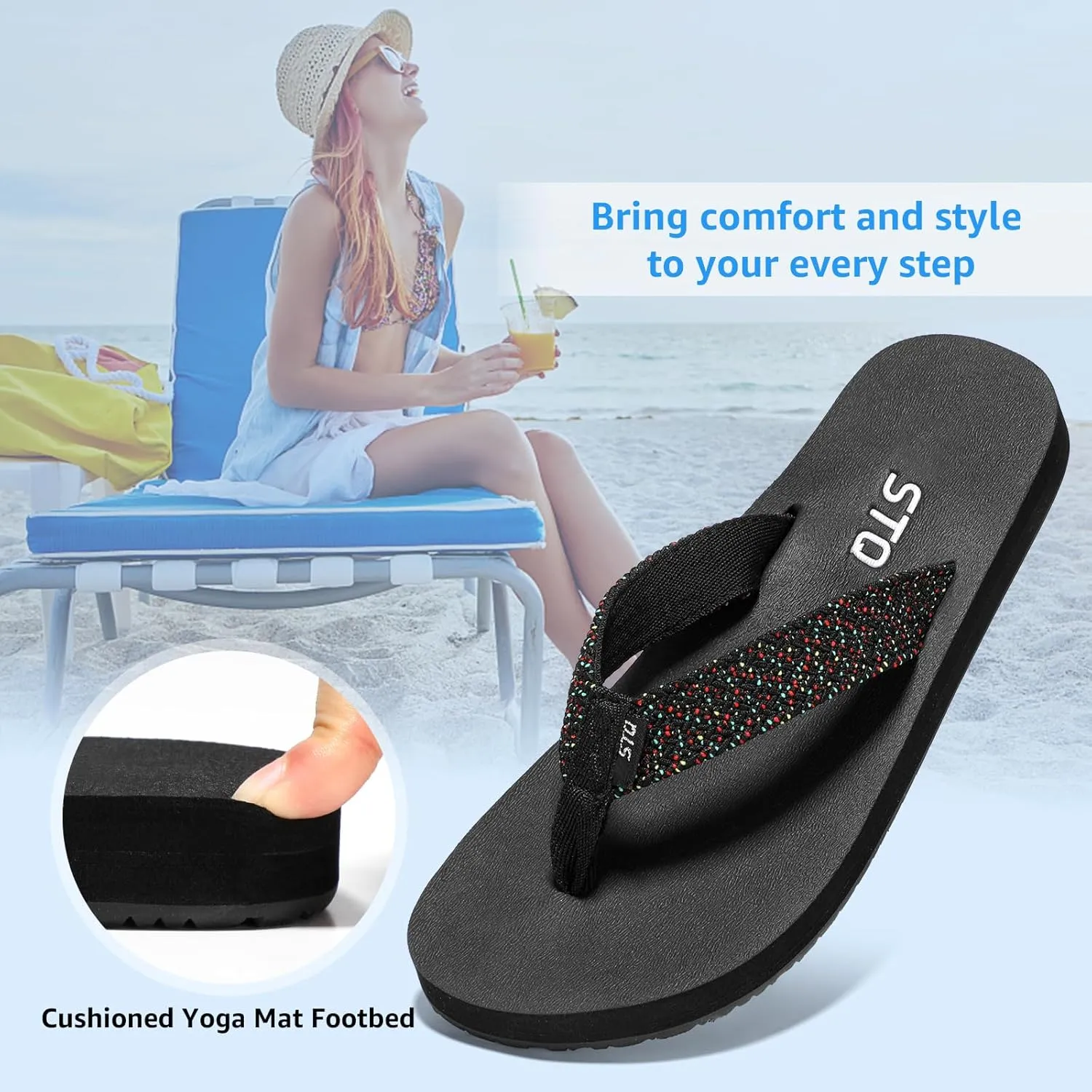 STQ Womens Quick Dry Flip Flops with Yoga Mat Sole丨Arch Support Thong Sandals