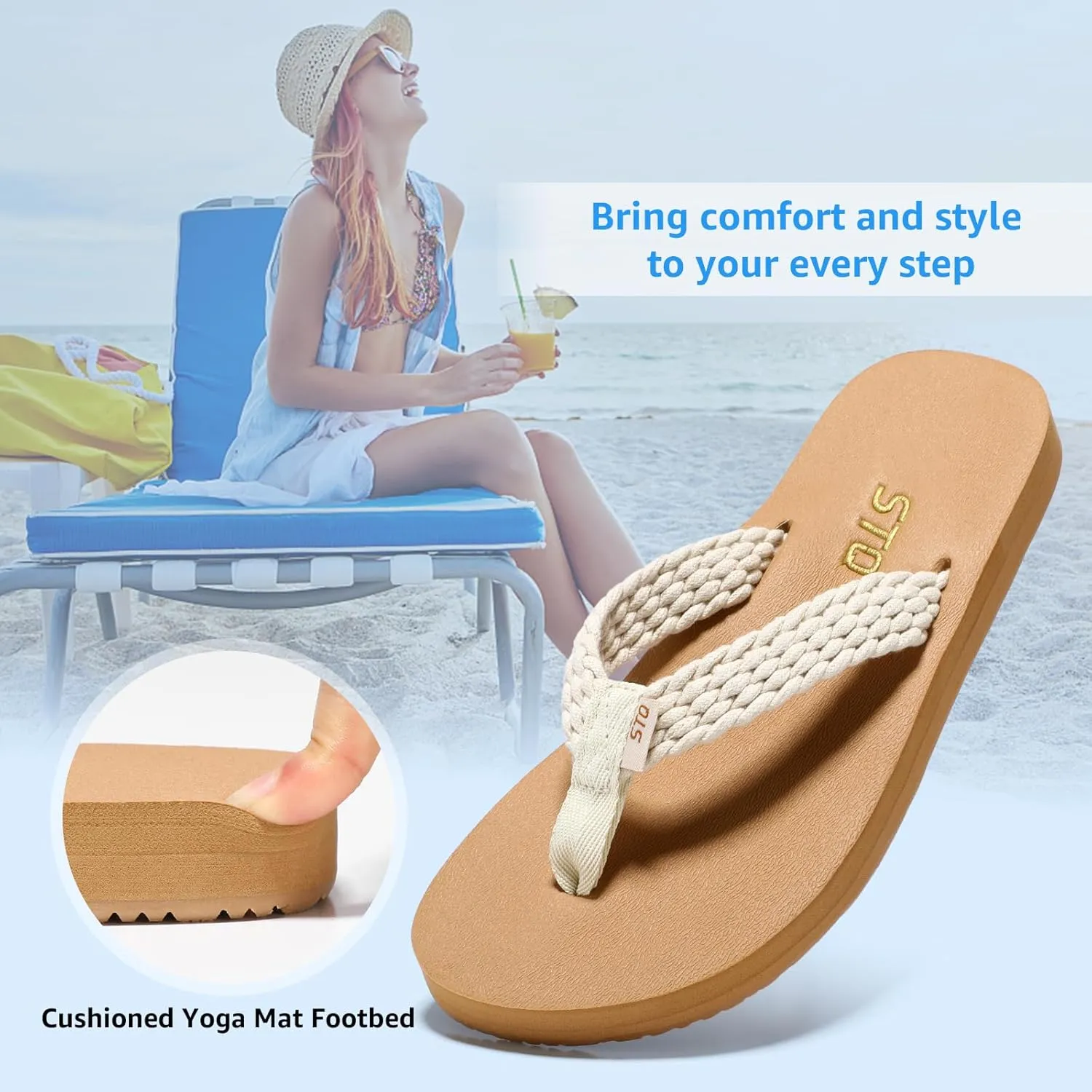 STQ Womens Quick Dry Flip Flops with Yoga Mat Sole丨Arch Support Thong Sandals