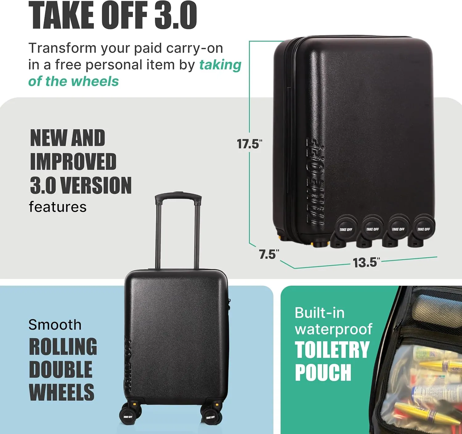 TAKE OFF Luggage 3.0 - Personal Item, 18x14x8 Inches, Underseat Suitcase with Removable Wheels, Hard Shell Luggage, Small Carry On Overnight Weekender, Airport & Travel Essentials, TSA Approved, Black