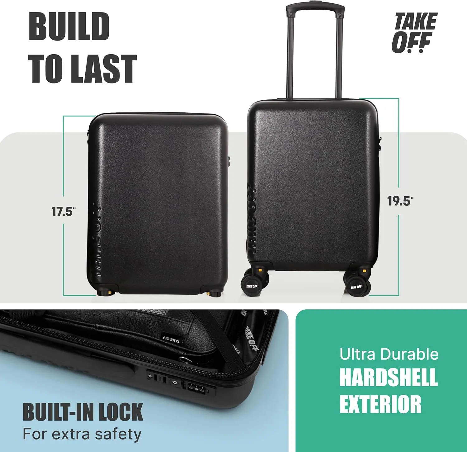 TAKE OFF Luggage 3.0 - Personal Item, 18x14x8 Inches, Underseat Suitcase with Removable Wheels, Hard Shell Luggage, Small Carry On Overnight Weekender, Airport & Travel Essentials, TSA Approved, Black