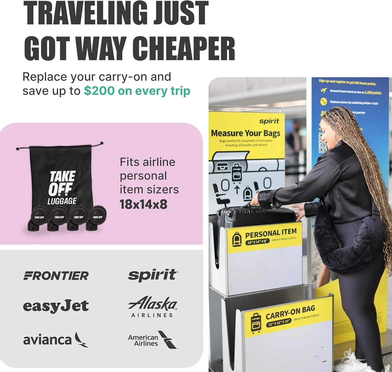 TAKE OFF Luggage 3.0 - Personal Item, 18x14x8 Inches, Underseat Suitcase with Removable Wheels, Hard Shell Luggage, Small Carry On Overnight Weekender, Airport & Travel Essentials, TSA Approved, Black