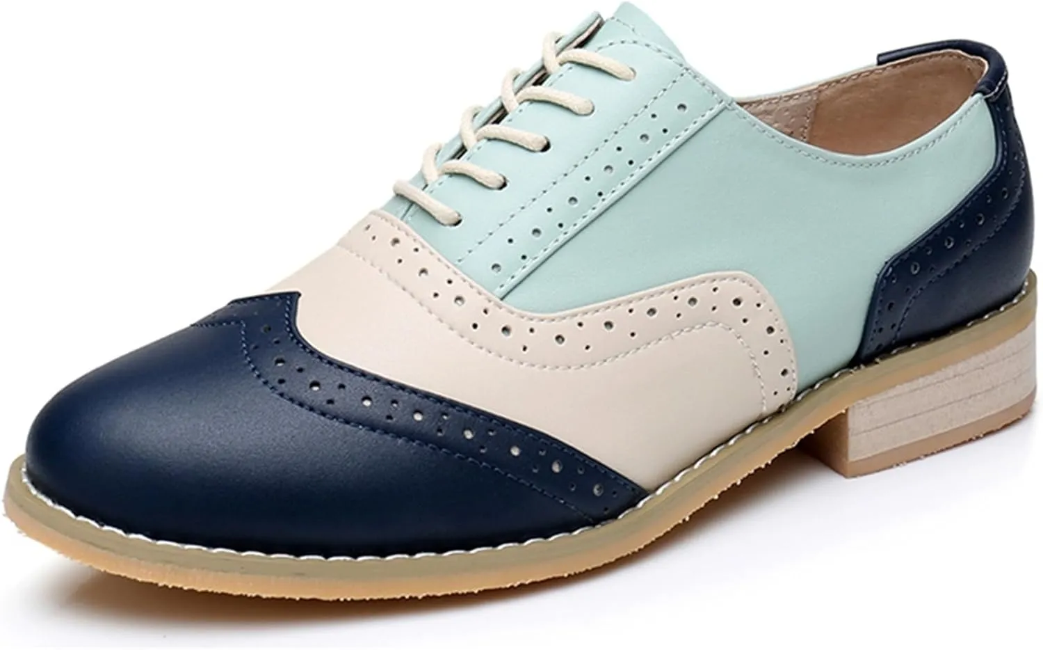 TDA Women's Perforated Wingtip Lace-up Synthetic Leather Dress Vintage Oxford Flat Shoes