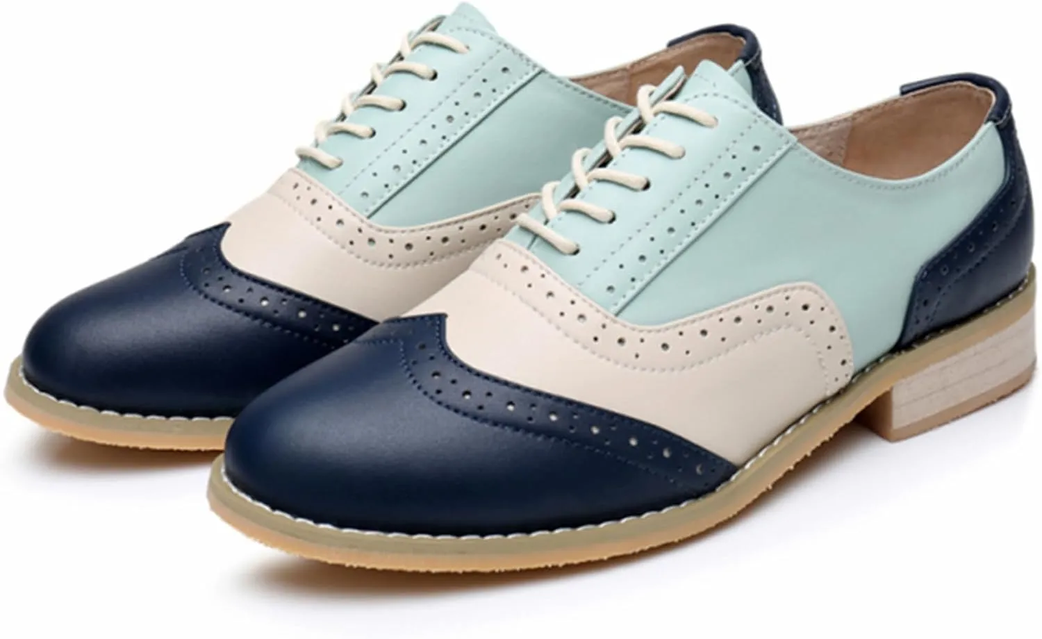 TDA Women's Perforated Wingtip Lace-up Synthetic Leather Dress Vintage Oxford Flat Shoes