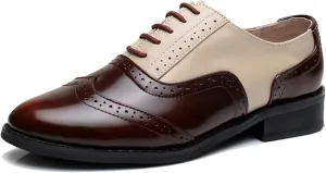 TDA Women's Perforated Wingtip Lace-up Synthetic Leather Dress Vintage Oxford Flat Shoes