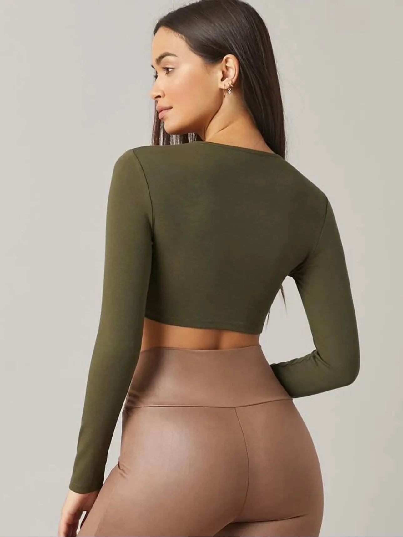 Teen Solid Army Green Slim Fitted Crop Top