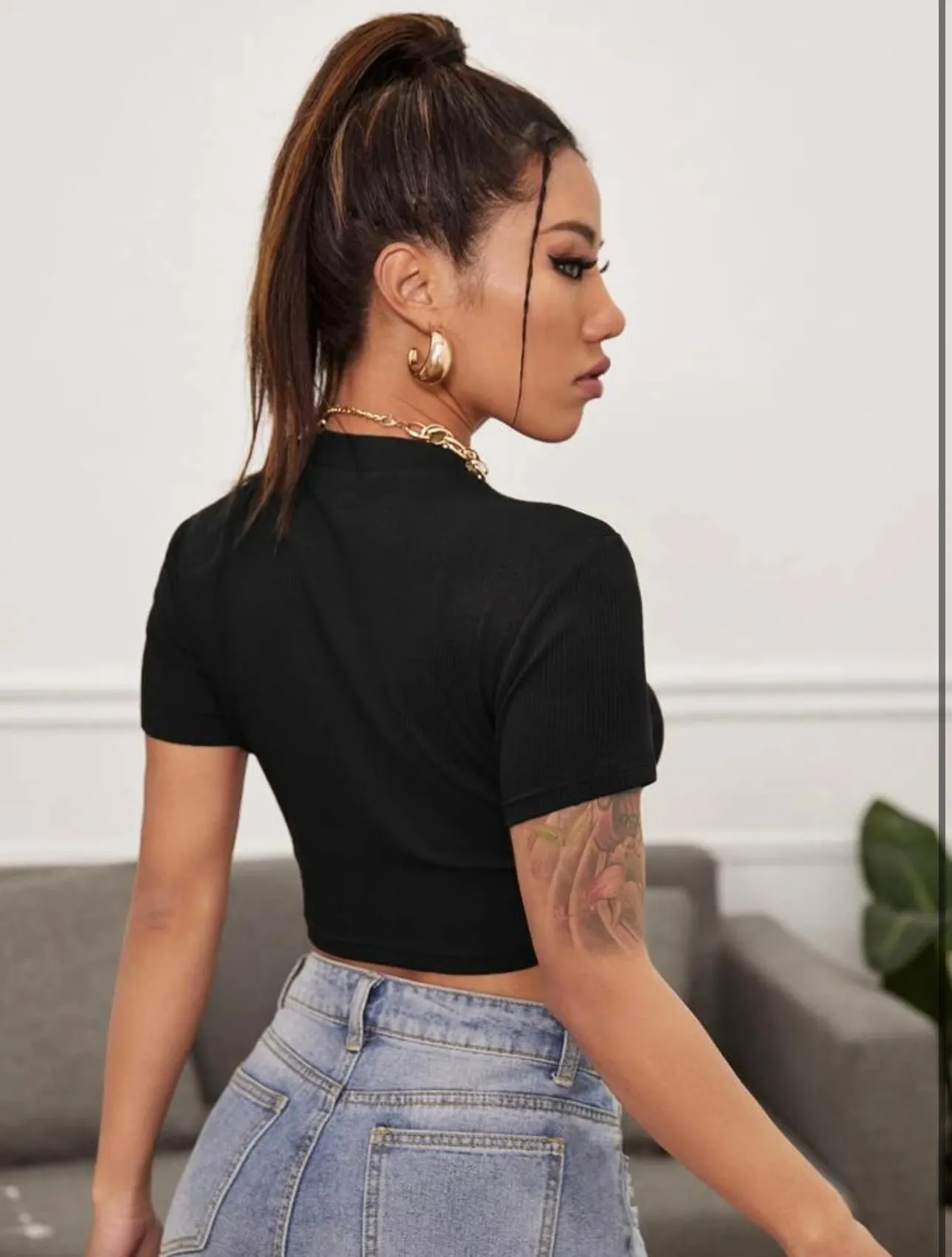 Teen Solid Black Slim Fitted Crop Top
