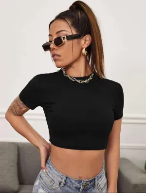 Teen Solid Black Slim Fitted Crop Top