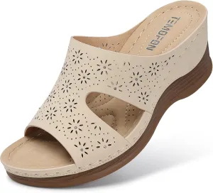 TEMOFON Women Wedge Sandals Dressy: Soft Leather Sandal, Rubber Sole, Comfortable Walking, Casual Slip on Summer Sandals