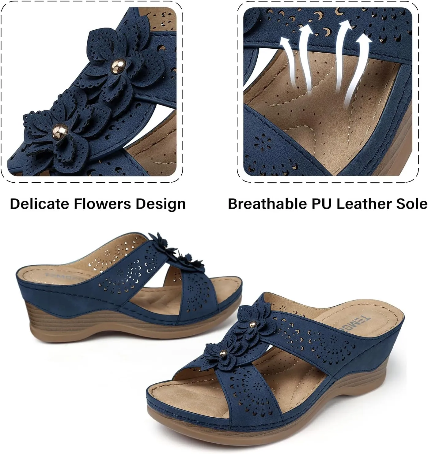 TEMOFON Womens Wedge Sandals Leather: Dressy Sandal, Rubber Sole, Comfortable Walking, Casual Slip on Summer Shoes, Size 5-11