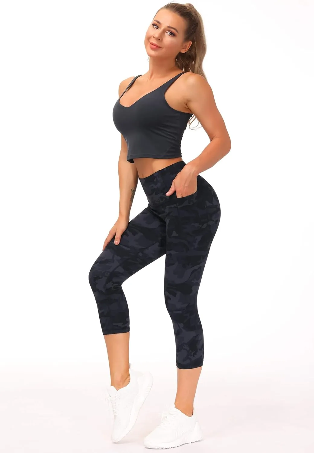 THE GYM PEOPLE Tummy Control Workout Capris Leggings with Pockets High Waist Athletic Yoga Pants for Women Running Hiking