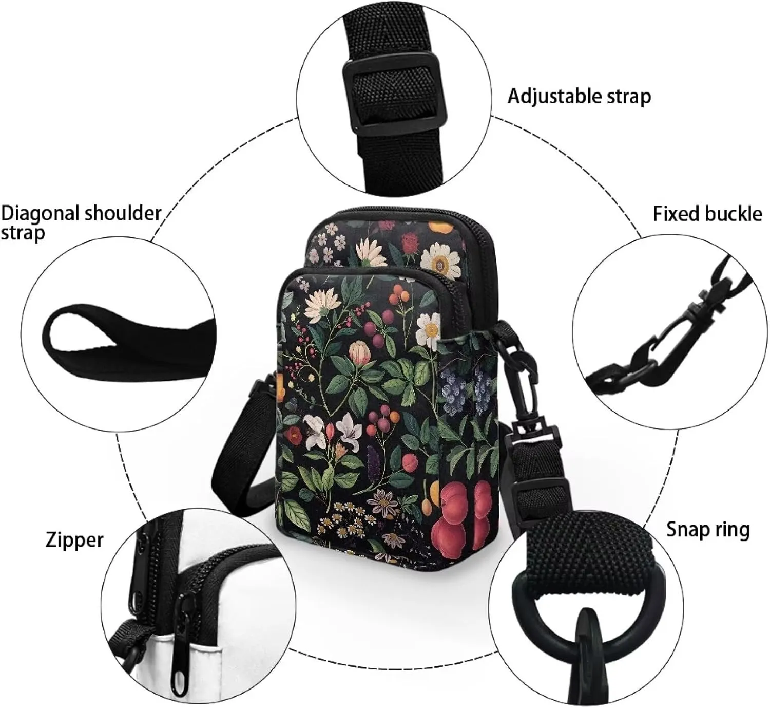 TODIYADDU Daisy Floral Cell Phone Purse for Women Wild Berry Moblie Phone Pouch Shoulder Bag Carrying Case with Adjustable Strap Portable Chest Bag for Women Easy to Clean Nice