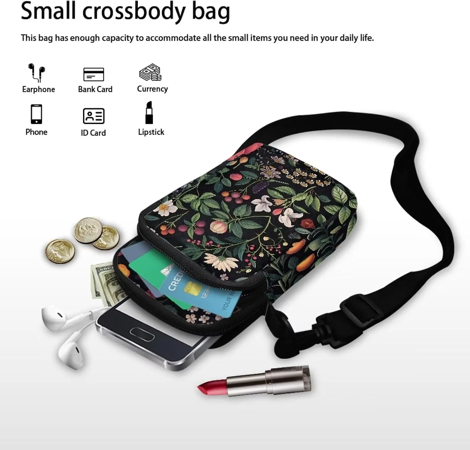 TODIYADDU Daisy Floral Cell Phone Purse for Women Wild Berry Moblie Phone Pouch Shoulder Bag Carrying Case with Adjustable Strap Portable Chest Bag for Women Easy to Clean Nice