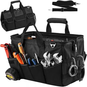 Tool Bag, 16inch Foldable Open Top Tool Bag Organizer for Easy Tool Access, Water-Resistant Construction, Men GIfts with Handle & Padded Adjustable Strap, Black