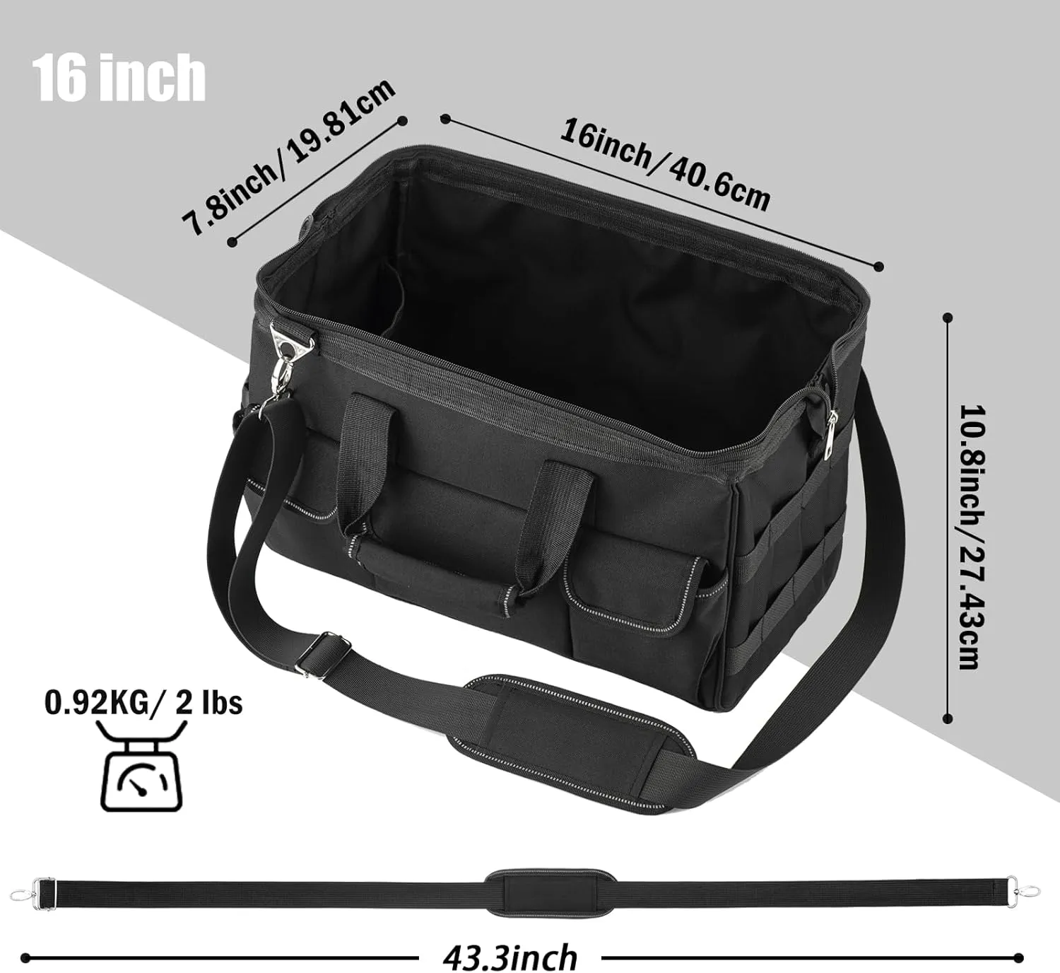 Tool Bag, 16inch Foldable Open Top Tool Bag Organizer for Easy Tool Access, Water-Resistant Construction, Men GIfts with Handle & Padded Adjustable Strap, Black