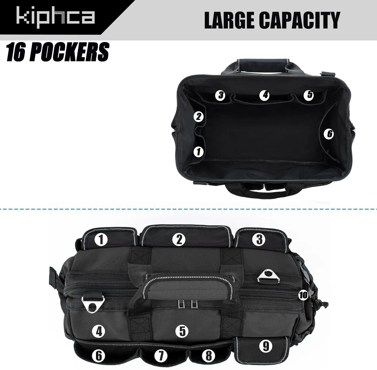 Tool Bag, 16inch Foldable Open Top Tool Bag Organizer for Easy Tool Access, Water-Resistant Construction, Men GIfts with Handle & Padded Adjustable Strap, Black
