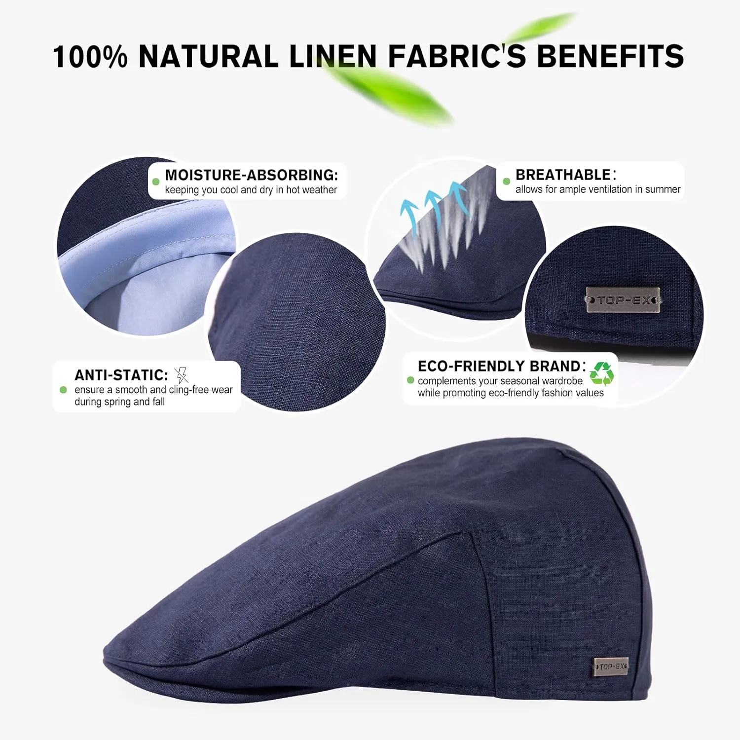TOP-EX L/XL/XXL 100% Natural Linen Flat Cap Summer Cooling Newsboy Cap