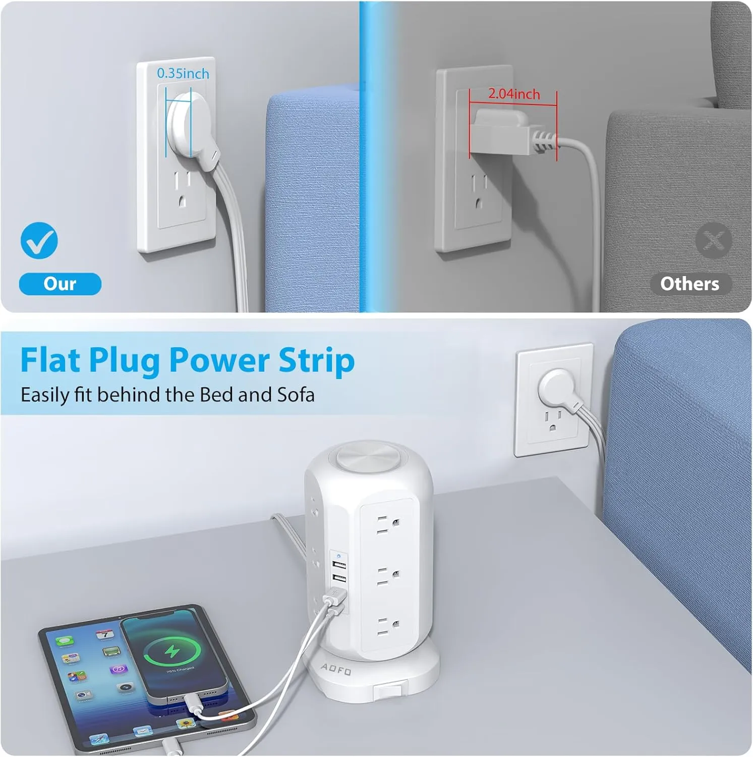 Tower Power Strip Flat Plug with 12 Outlets 4 USB(1 USB C),AOFO Surge Protector Charging Station with Overload Protection, Widely Spaced Multiple Outlets 10Ft Extension Cord for Home, Dorm,Office
