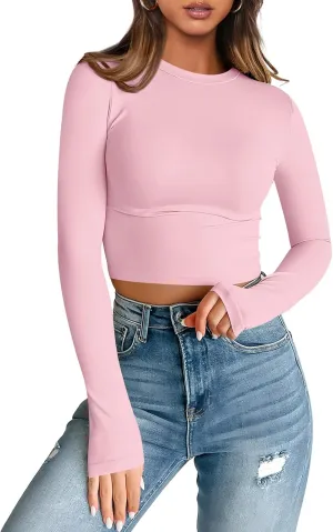 Trendy Queen Womens Long Sleeve Crop Tops Basic Slim Fitted Shirts Fashion 2025 Going Out Y2k Tops Teen Girl Clothes