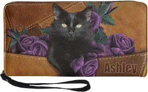 Tuoxiukan Black Cat Wallets for Women with Name Custom Purple Rose Flower Credit Card Wallet Waterproof PU Leather Blocking Zip Wallet Personalized Gifts for Birthday for Her