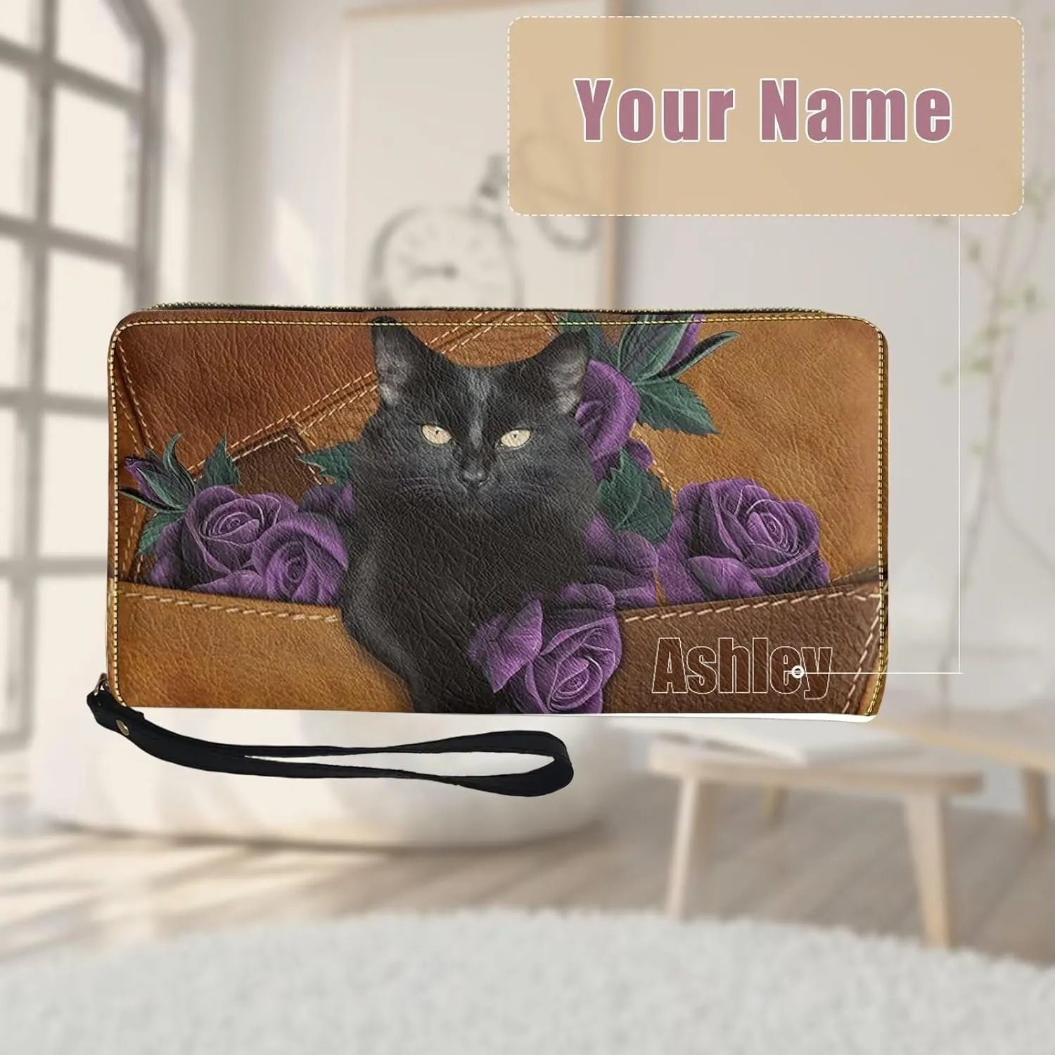 Tuoxiukan Black Cat Wallets for Women with Name Custom Purple Rose Flower Credit Card Wallet Waterproof PU Leather Blocking Zip Wallet Personalized Gifts for Birthday for Her