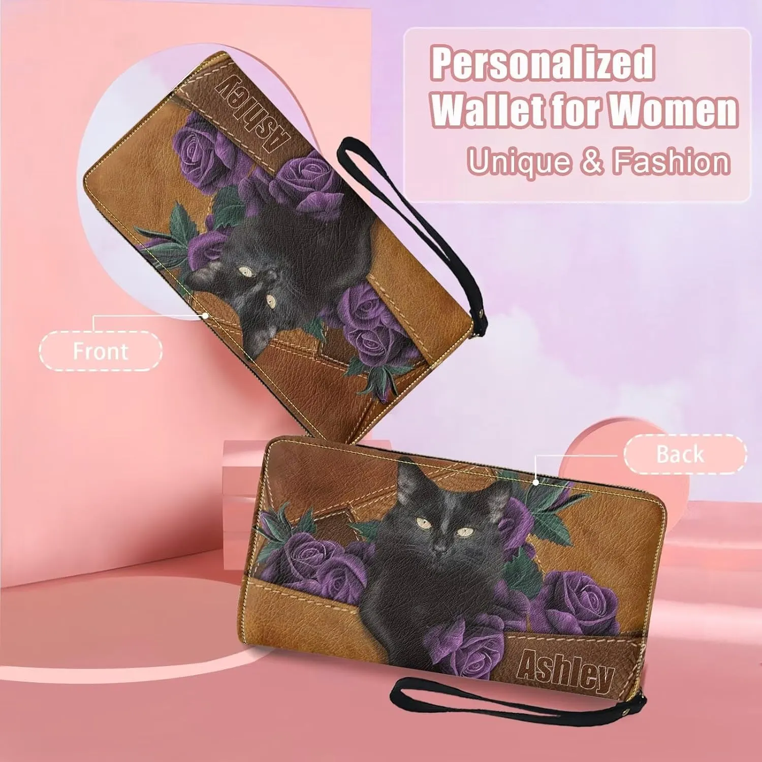 Tuoxiukan Black Cat Wallets for Women with Name Custom Purple Rose Flower Credit Card Wallet Waterproof PU Leather Blocking Zip Wallet Personalized Gifts for Birthday for Her