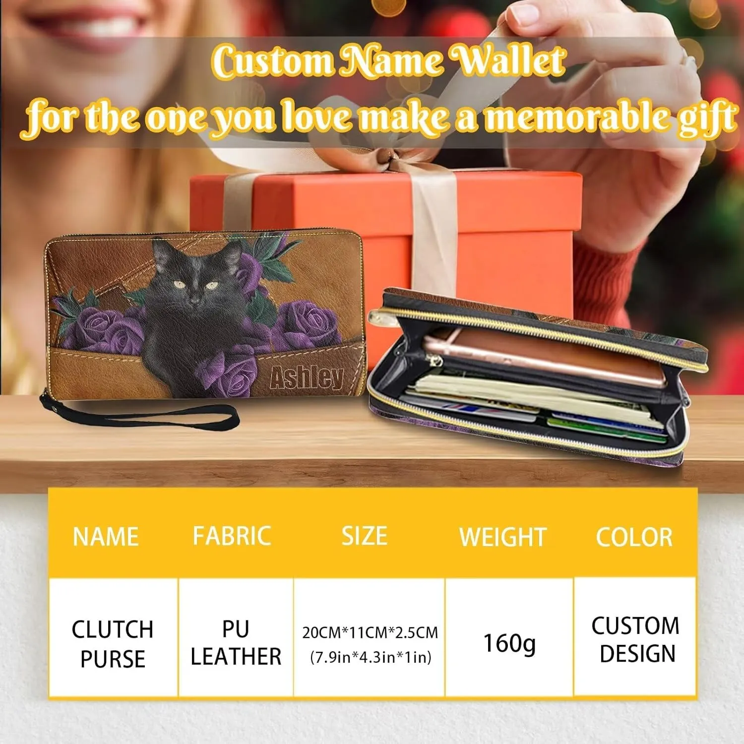 Tuoxiukan Black Cat Wallets for Women with Name Custom Purple Rose Flower Credit Card Wallet Waterproof PU Leather Blocking Zip Wallet Personalized Gifts for Birthday for Her