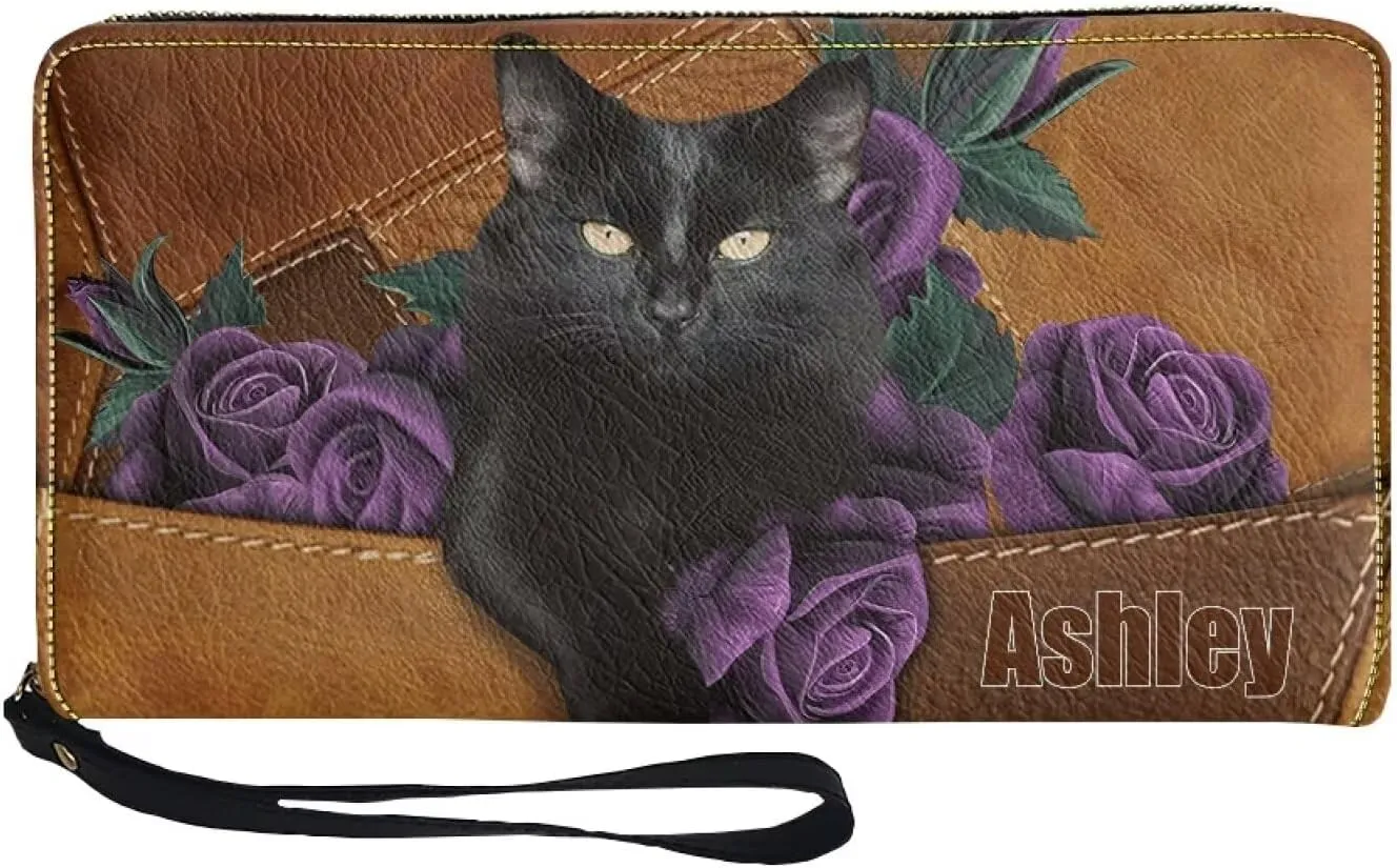Tuoxiukan Black Cat Wallets for Women with Name Custom Purple Rose Flower Credit Card Wallet Waterproof PU Leather Blocking Zip Wallet Personalized Gifts for Birthday for Her