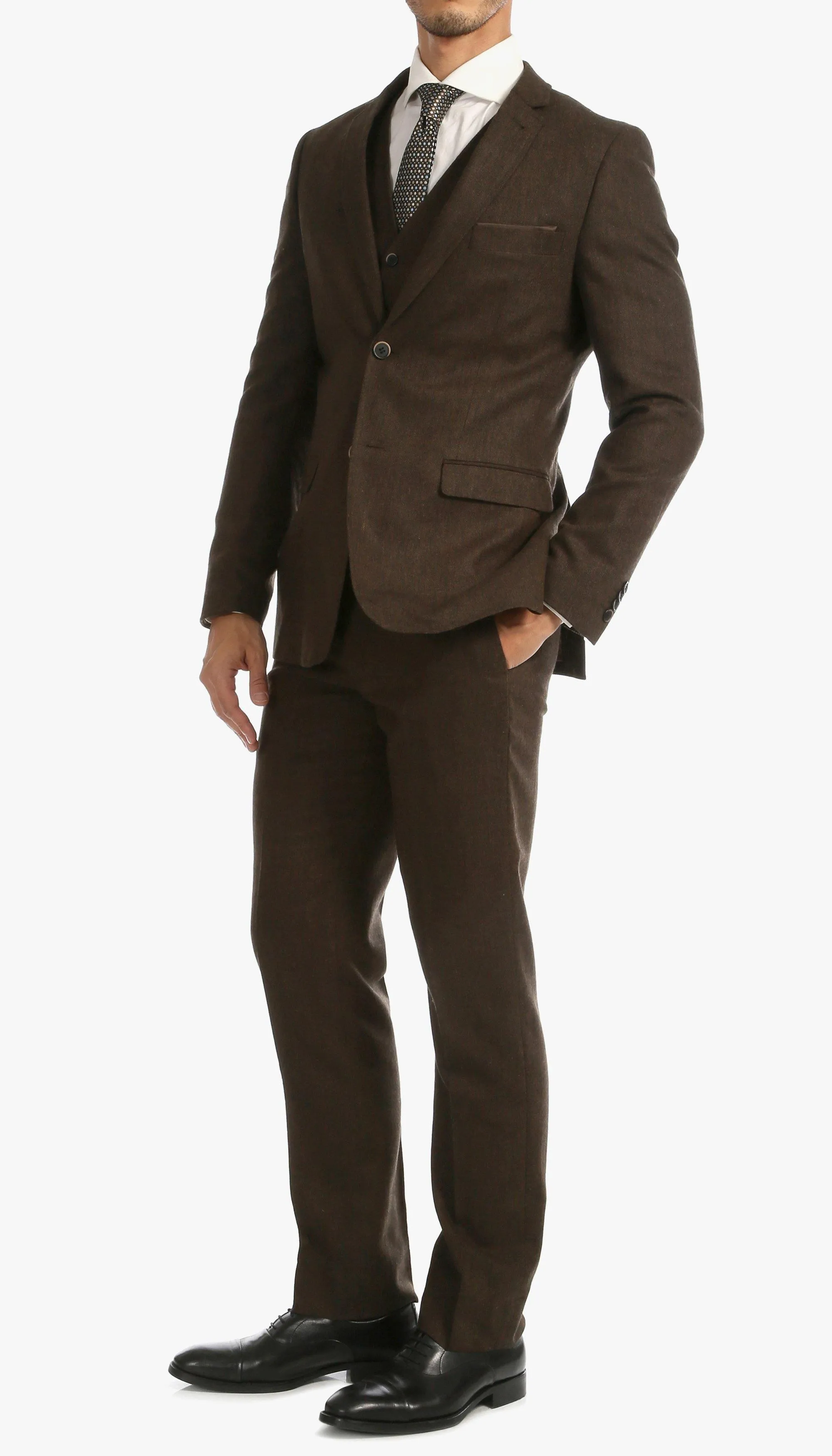 Tweed Men's Slim Fit 3 Piece Suit in Cognac