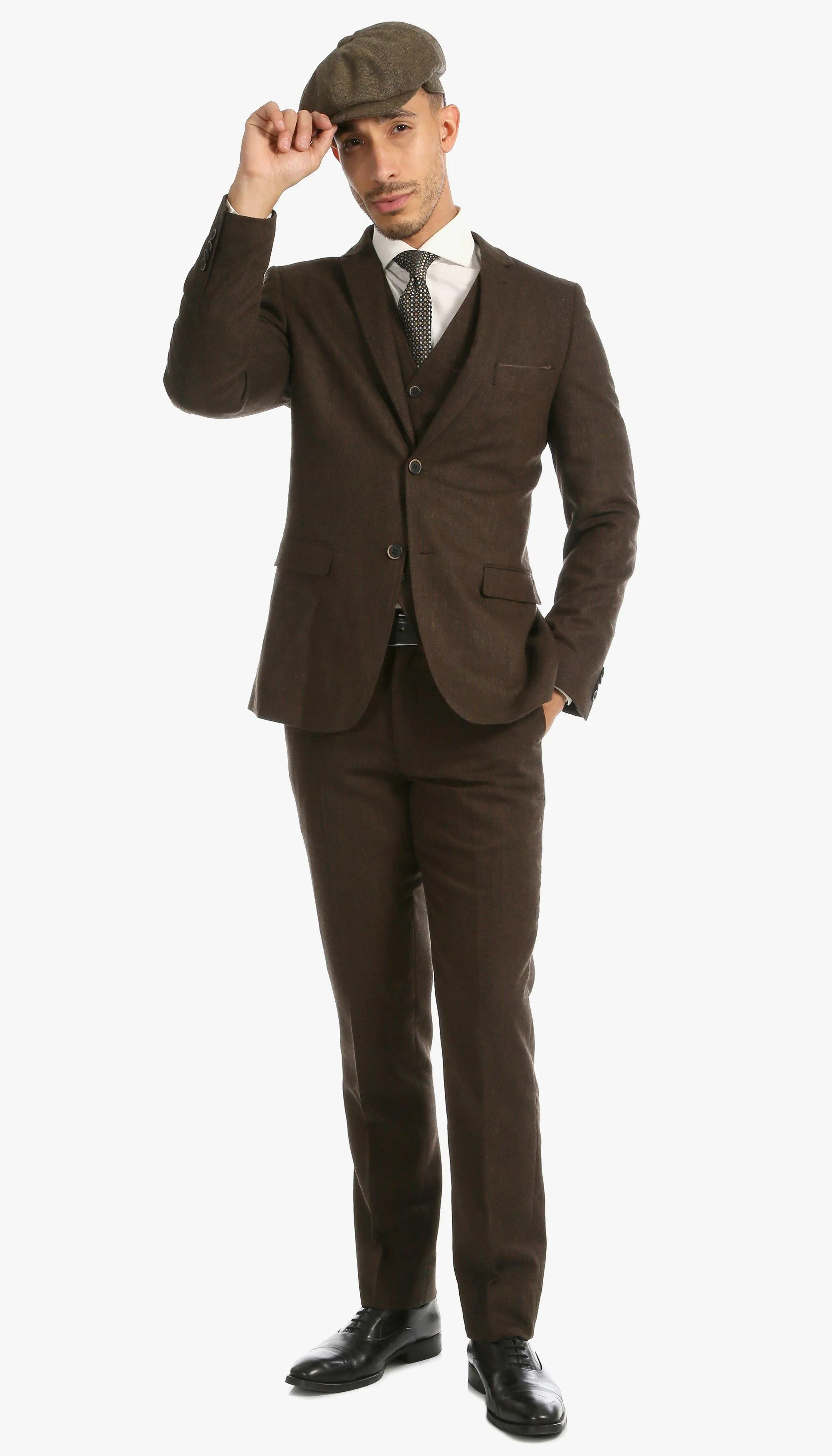 Tweed Men's Slim Fit 3 Piece Suit in Cognac