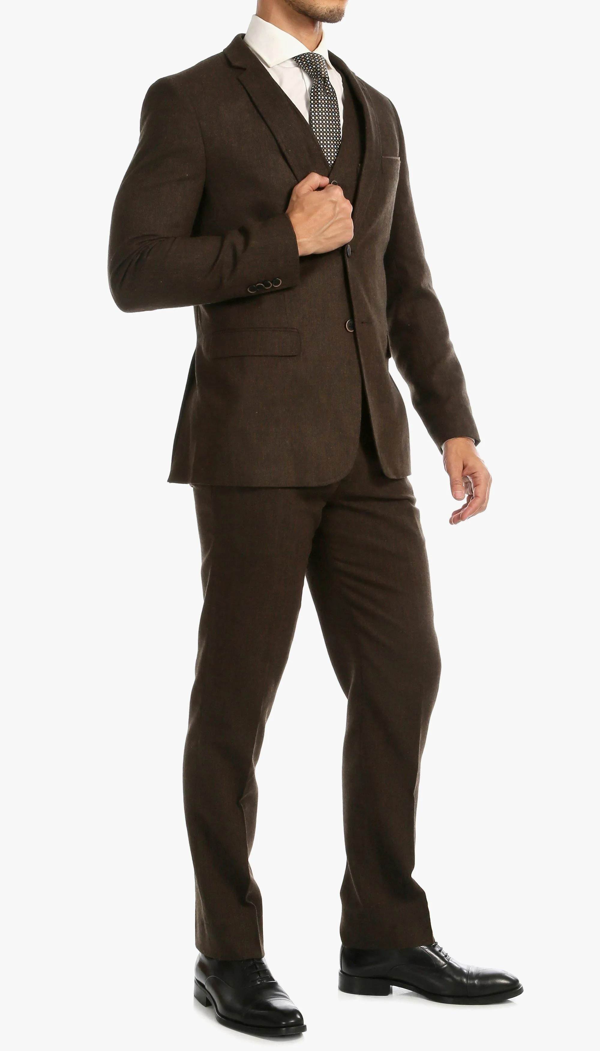Tweed Men's Slim Fit 3 Piece Suit in Cognac