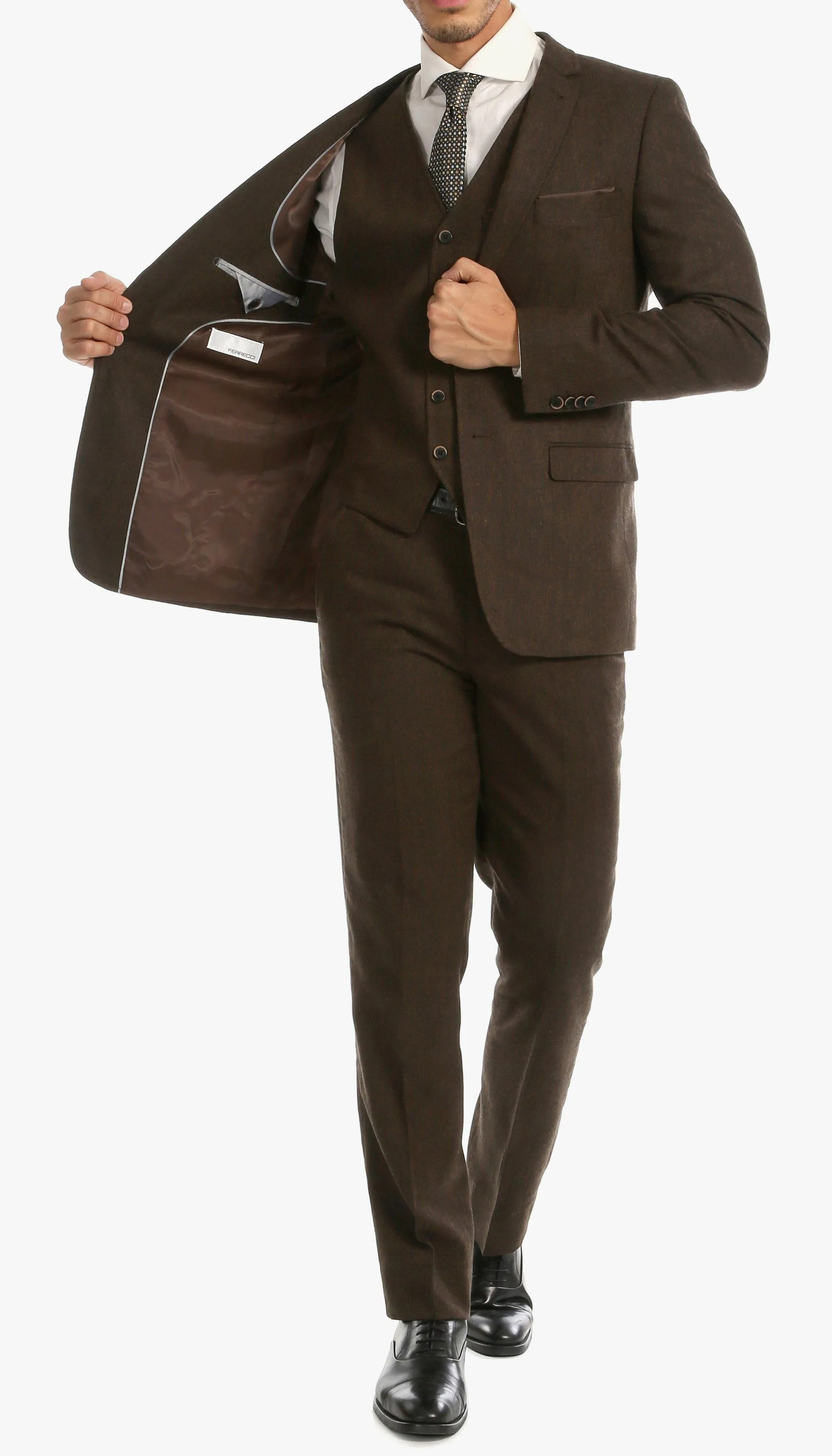 Tweed Men's Slim Fit 3 Piece Suit in Cognac