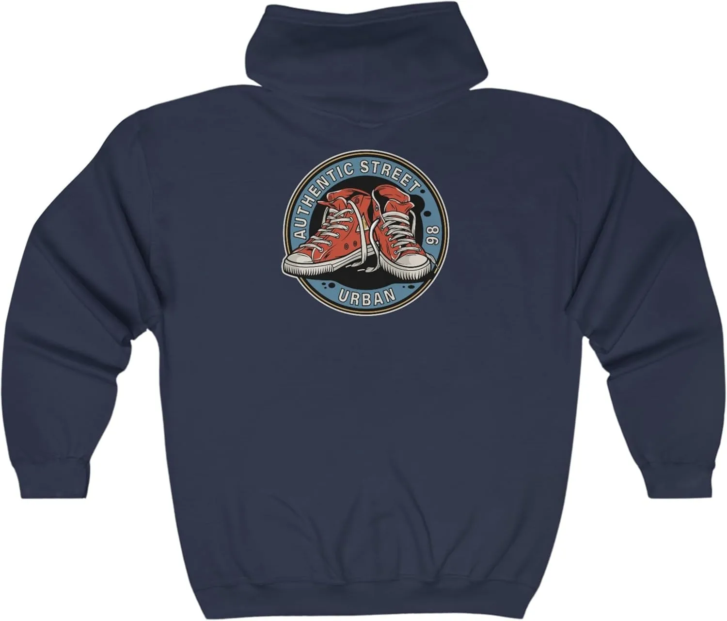 Urban Streetwear Hoodie, Classic Fit, Full Zip, Sneaker Back Print, Kangaroo Pocket Pullover Hooded Sweatshirt.