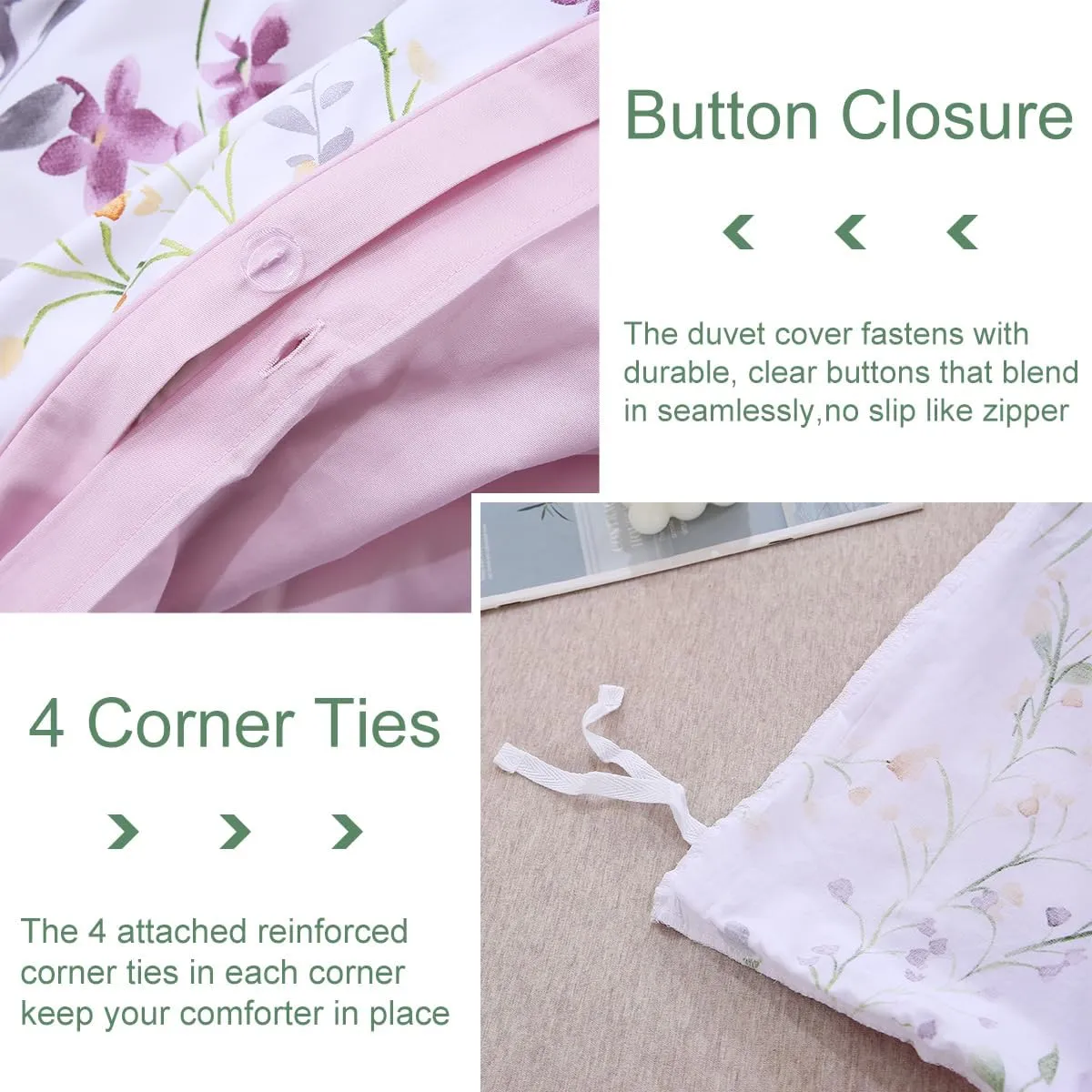 URBONUR Floral Duvet Cover Set Queen Size 3-Pieces 100% Cotton Wildflowers Comforter Cover, Chic Garden Flowers Bedding Set, Soft Breathable Duvet Cover Set