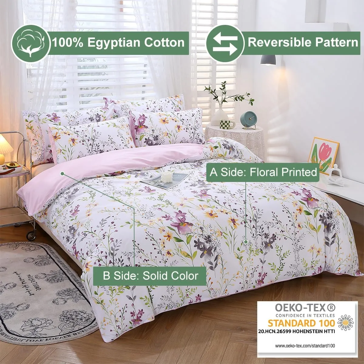 URBONUR Floral Duvet Cover Set Queen Size 3-Pieces 100% Cotton Wildflowers Comforter Cover, Chic Garden Flowers Bedding Set, Soft Breathable Duvet Cover Set