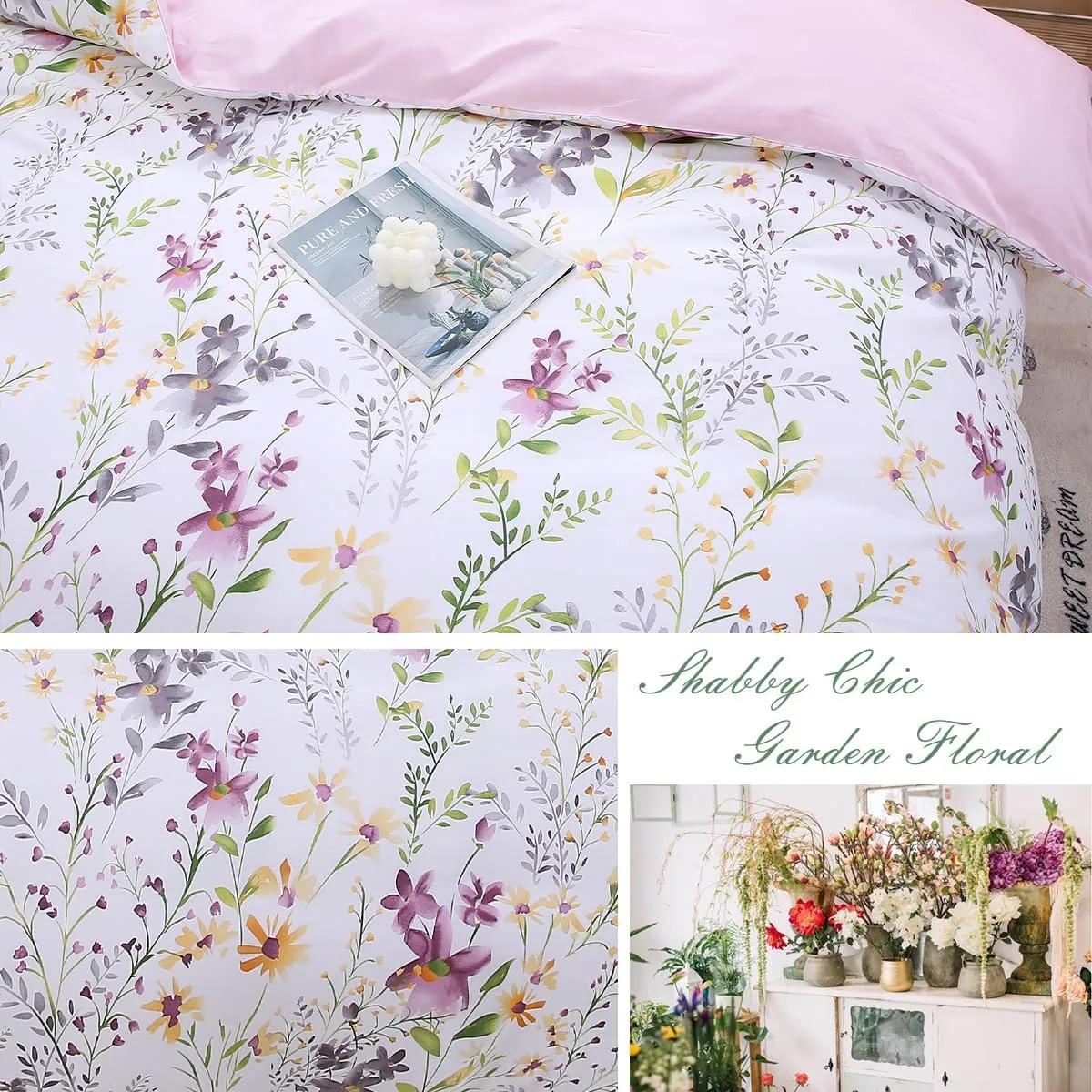 URBONUR Floral Duvet Cover Set Queen Size 3-Pieces 100% Cotton Wildflowers Comforter Cover, Chic Garden Flowers Bedding Set, Soft Breathable Duvet Cover Set