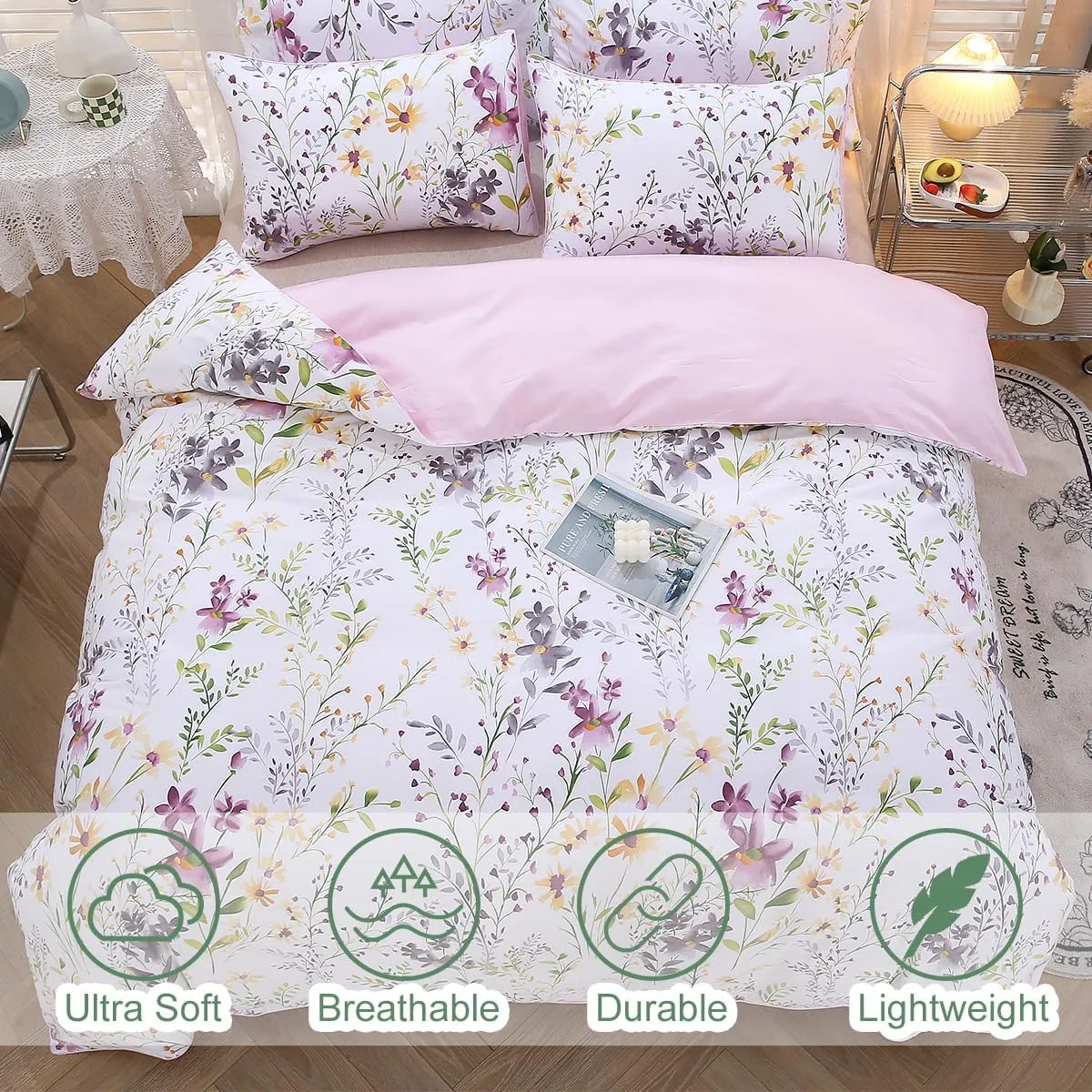 URBONUR Floral Duvet Cover Set Queen Size 3-Pieces 100% Cotton Wildflowers Comforter Cover, Chic Garden Flowers Bedding Set, Soft Breathable Duvet Cover Set