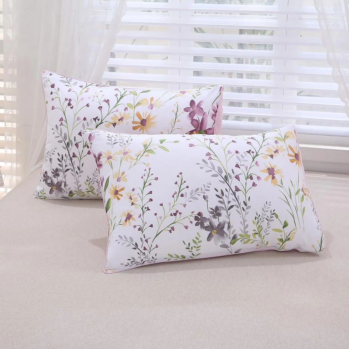 URBONUR Floral Duvet Cover Set Queen Size 3-Pieces 100% Cotton Wildflowers Comforter Cover, Chic Garden Flowers Bedding Set, Soft Breathable Duvet Cover Set