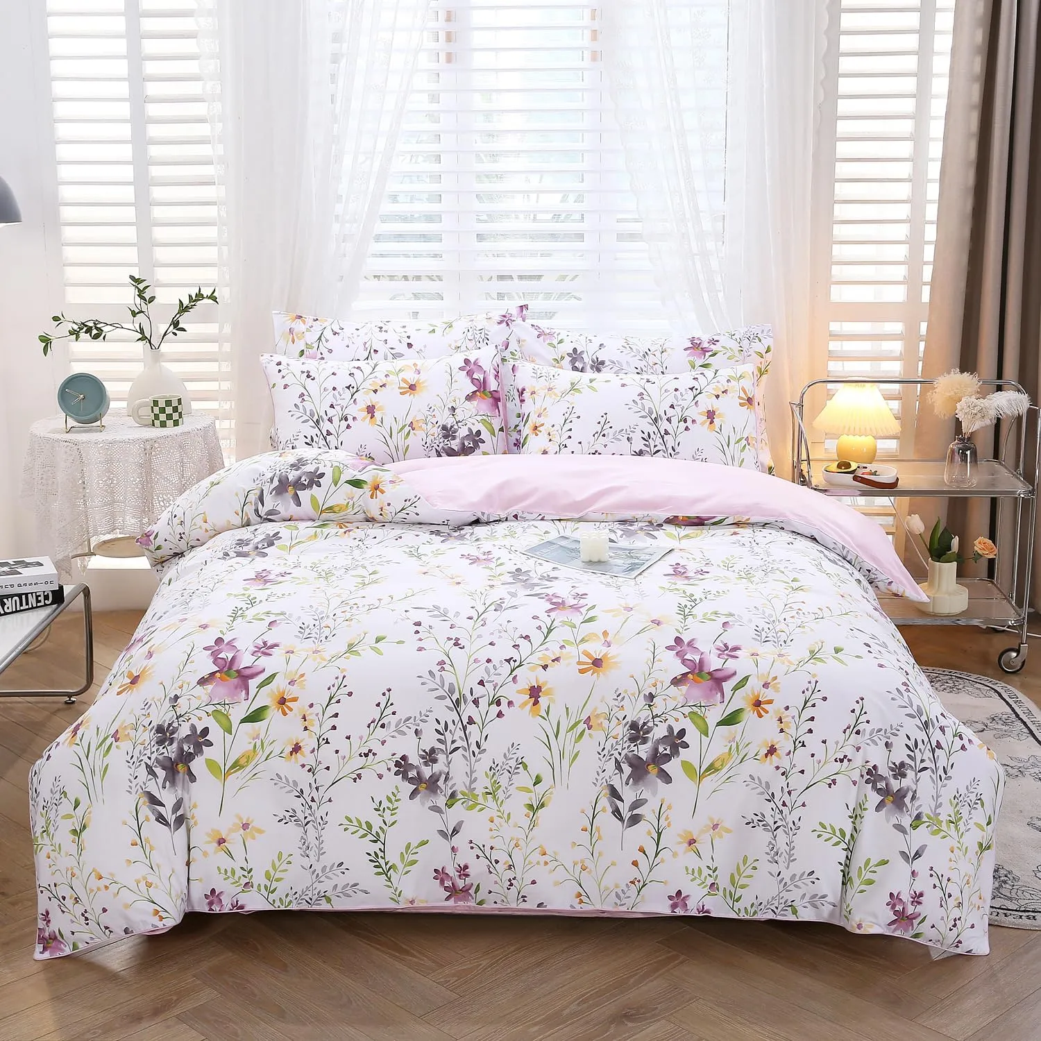 URBONUR Floral Duvet Cover Set Queen Size 3-Pieces 100% Cotton Wildflowers Comforter Cover, Chic Garden Flowers Bedding Set, Soft Breathable Duvet Cover Set