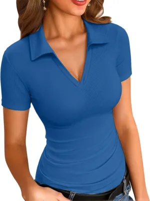 VICHYIE Womens Short Sleeve Shirts Lapel Collared V Neck Slim Fitted Ribbed Knit Tight Polo Tops